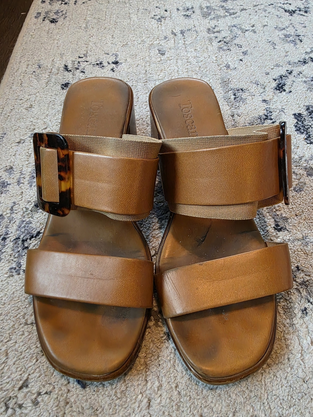 Toscanella Tan Leather Slide Sandals Tortoiseshell Buckle Sz 7 Made in Italy